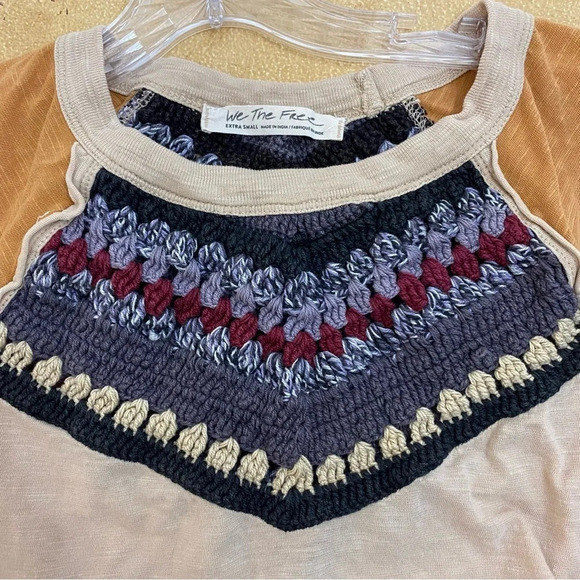 We The Free Tan Crochet Top 3/4 Sleeve Comfy Knit XS - Picture 6 of 7